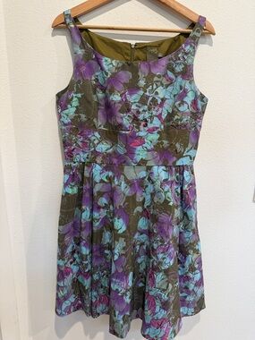 Taylor Olive Floral Fit-and-Flare Dress with Purple and Teal Accents